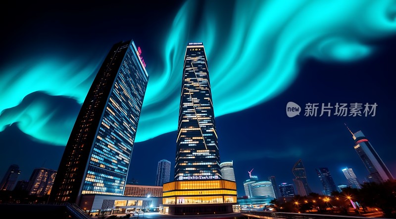 璀璨都市夜景下的壮丽极光奇观