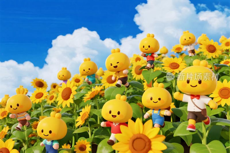 卡通角色向日葵田园插画