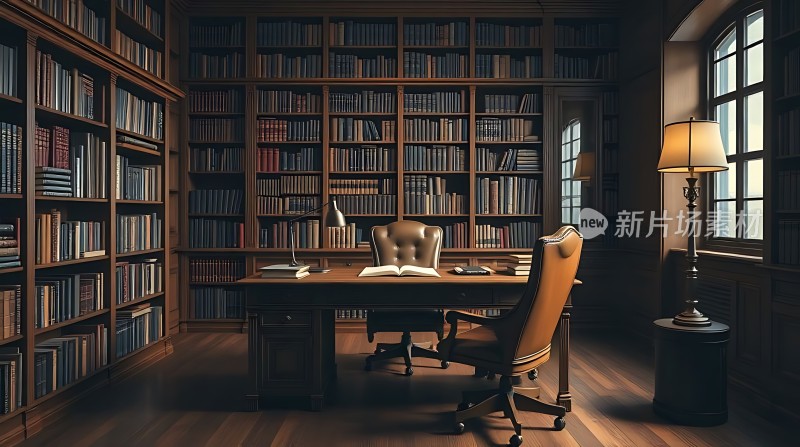 书架环绕的书房桌椅与灯光营造温馨氛围