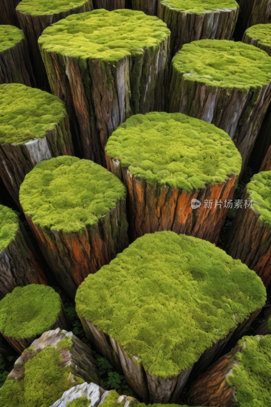 树桩上覆盖着绿色的苔藓和岩石高清风景图片