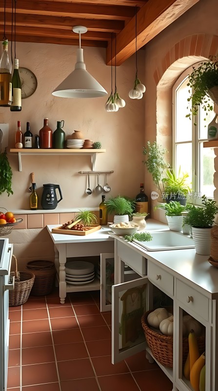 阳光洒满温馨厨房绿植点缀美食时光