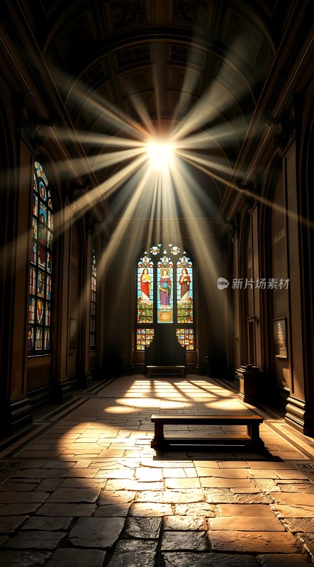 阳光透过彩色玻璃窗洒进教堂内部营造出神圣而宁静的氛围