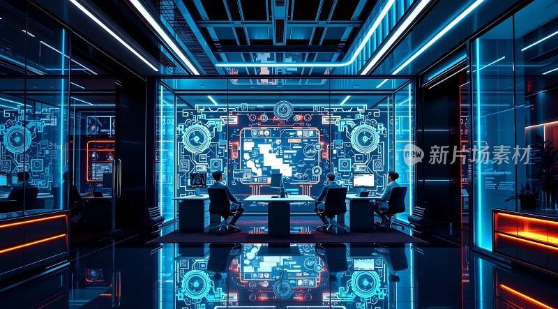 科技感十足的会议室未来主义风格设计蓝色灯光与电子屏幕交相辉映