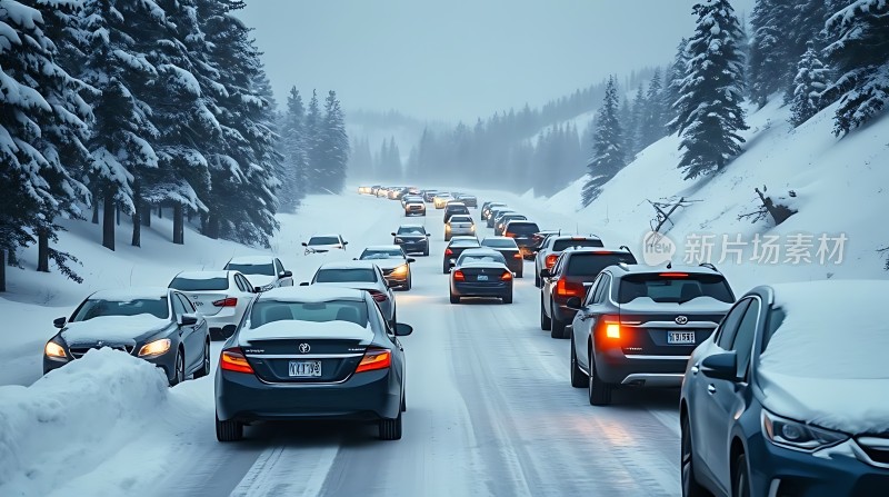 雪地公路上的车流