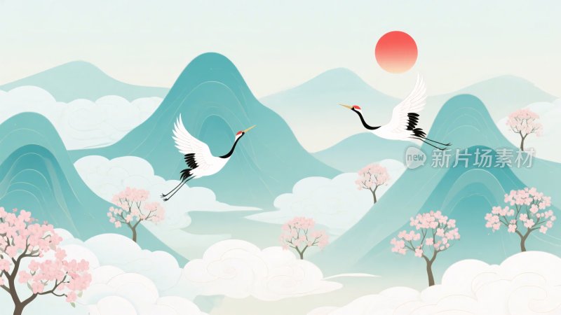 山水间双鹤飞翔插画