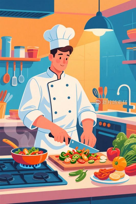 厨房厨师准备食材插画