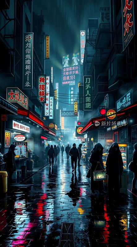 霓虹灯下的雨夜街头