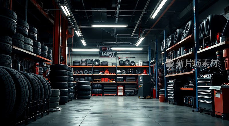 汽车维修车间轮胎与工具的世界