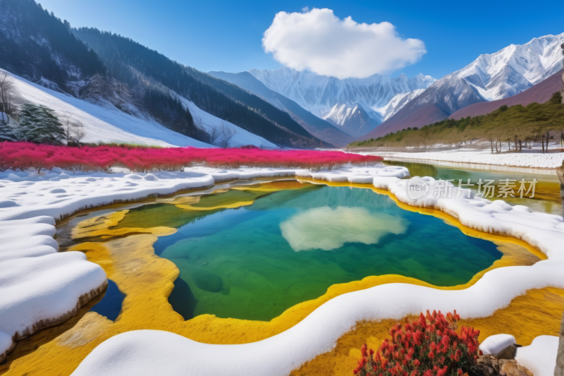 雪景水池和山脉高清风景图片