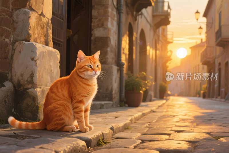 老巷橘猫夕阳场景