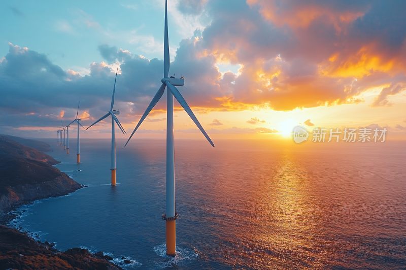 海上风力发电机与壮丽日落