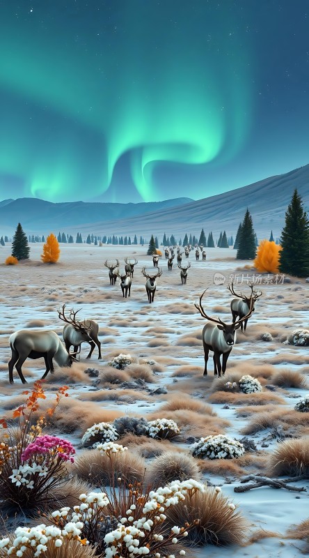极光下的麋鹿群