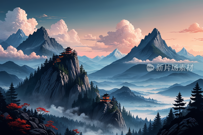 山中间一座宝塔还有几棵树高清风景插画图片