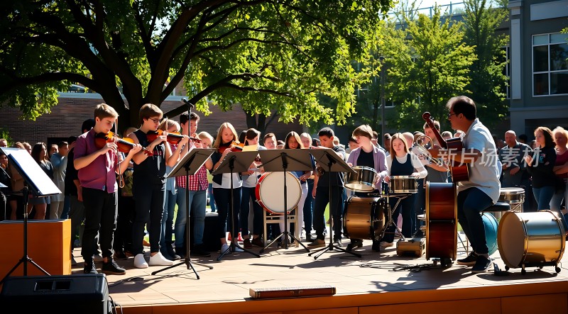 户外音乐会小提琴手与乐队演奏吸引观众目光
