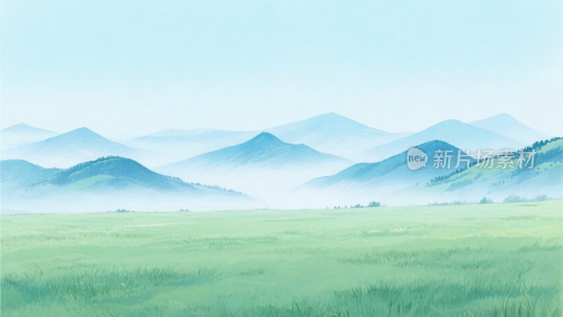 清新草原与远山风景插画