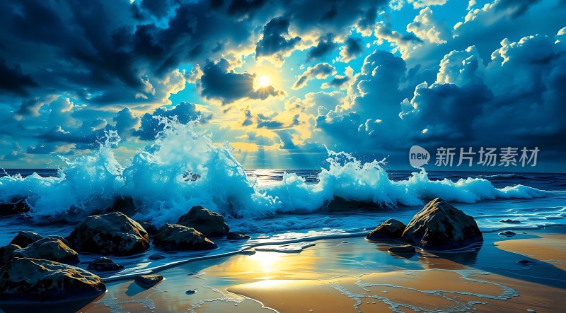 日落时分的海浪与岩石