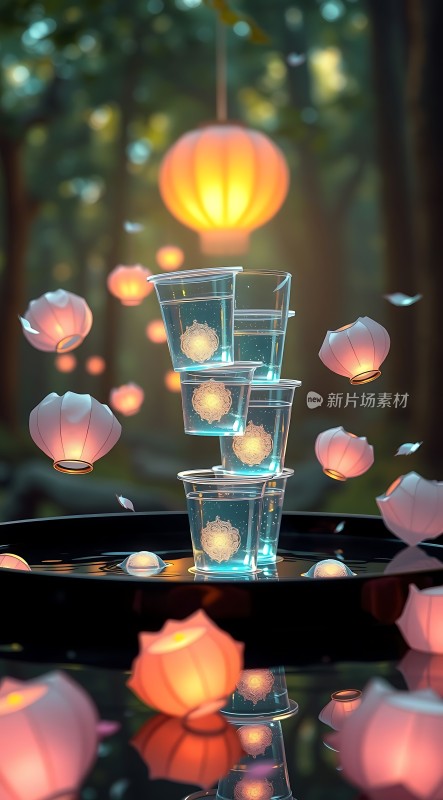 灯笼夜色下的透明杯