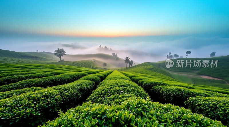 晨雾中的茶园风光