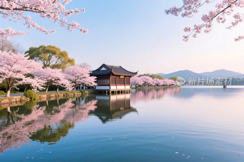 樱花古亭山水风景图