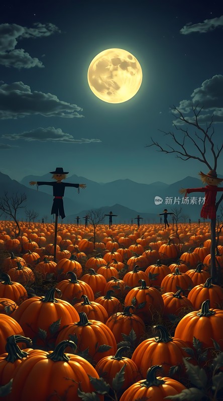 万圣节南瓜地月亮下的稻草人奇观