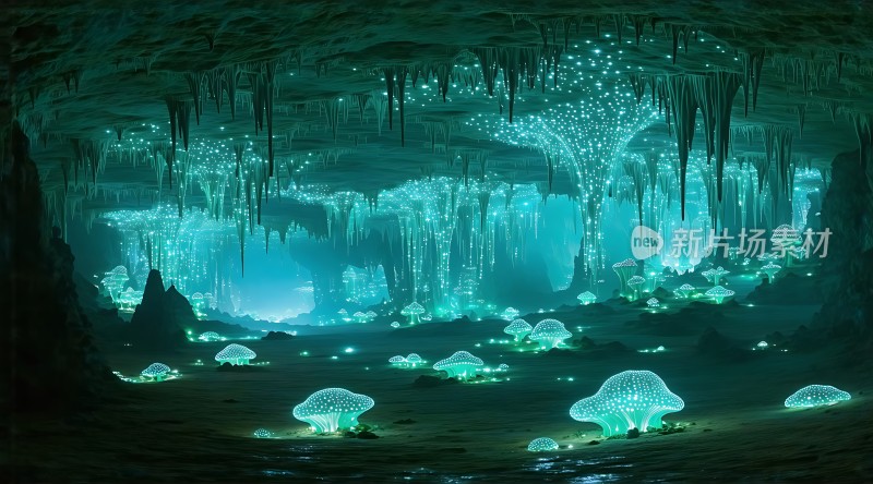 神秘洞穴中的荧光蘑菇