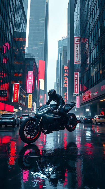 霓虹灯下疾驰的摩托车手