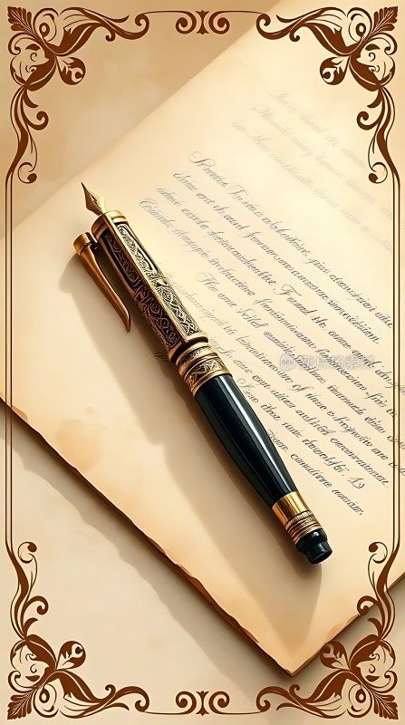 金色钢笔与古旧书籍的结合展现出一种古典而优雅的氛围