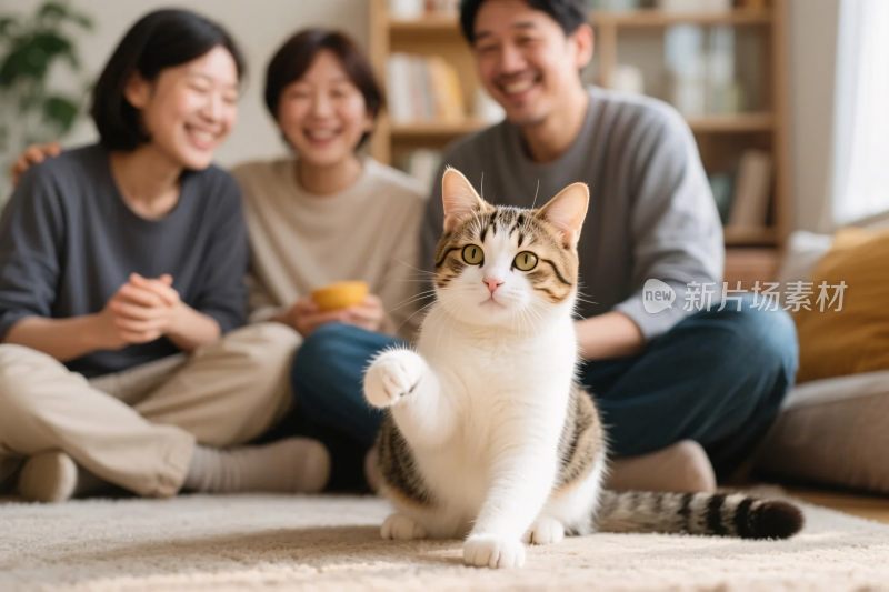 温馨家庭与猫咪互动