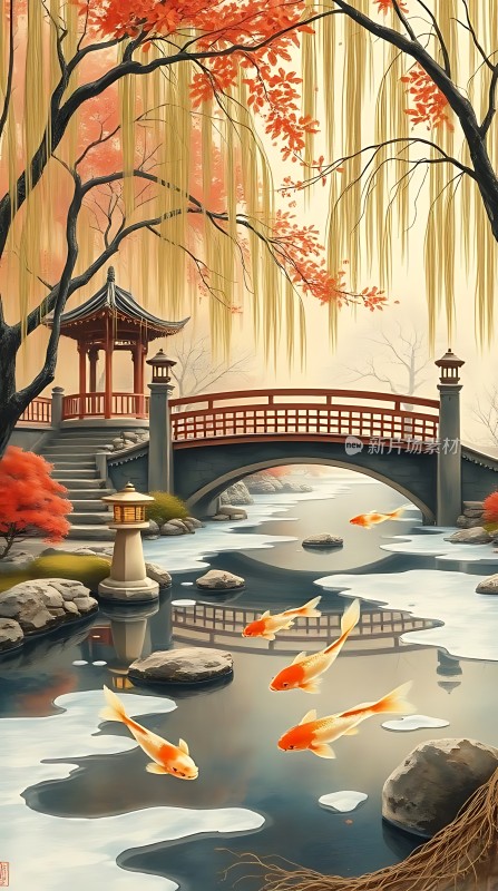 秋日池塘金鲤戏水古桥亭台红叶垂落