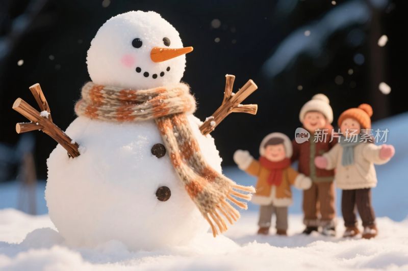 雪人孩童雪景插画