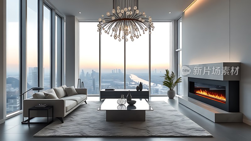 现代客厅全景图落地窗、壁炉与城市景观