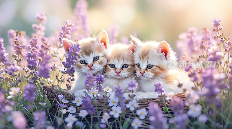 三只小猫在花丛中依偎在一起