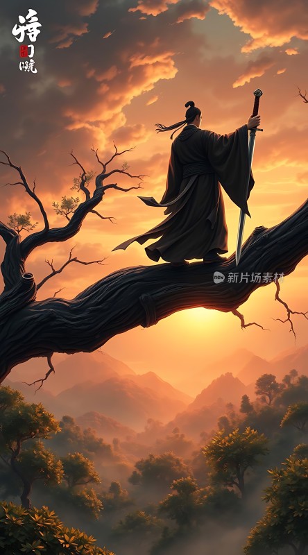 剑客孤影立枯枝夕阳余晖映山林