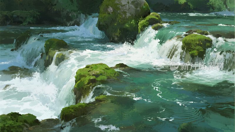 山间流淌的湍急绿色溪流