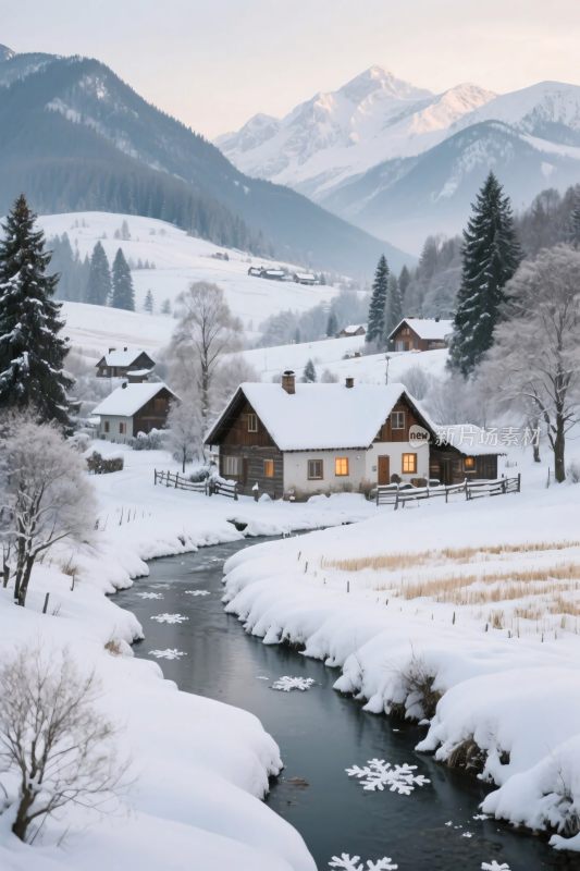 冬日雪山乡村雪景