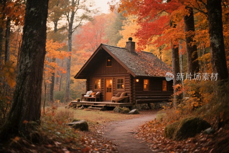 秋日林间的温馨小木屋