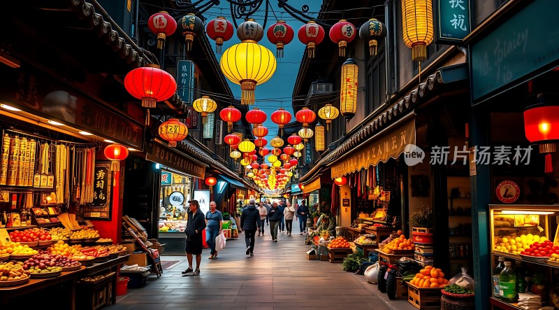 夜市灯笼下的繁华街景