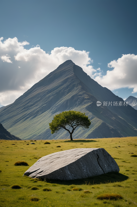 一棵孤独的树一片田野的岩石上高清风景图片