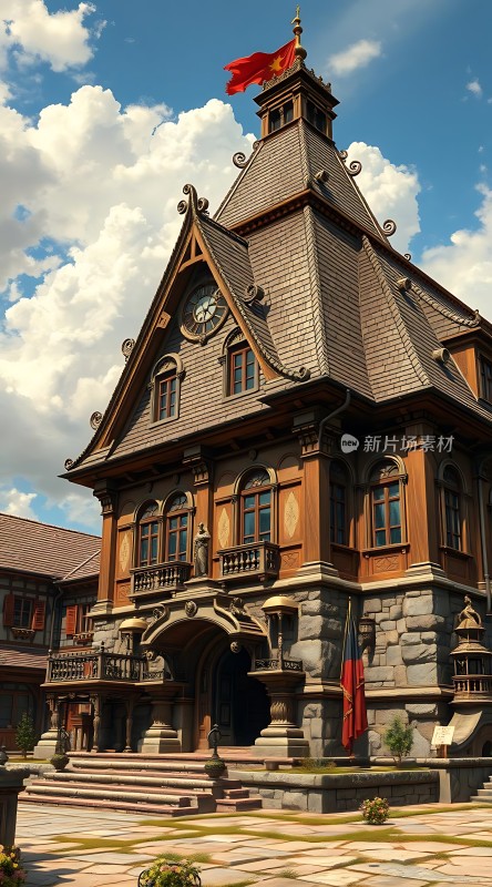 中国红飘扬下的欧式建筑