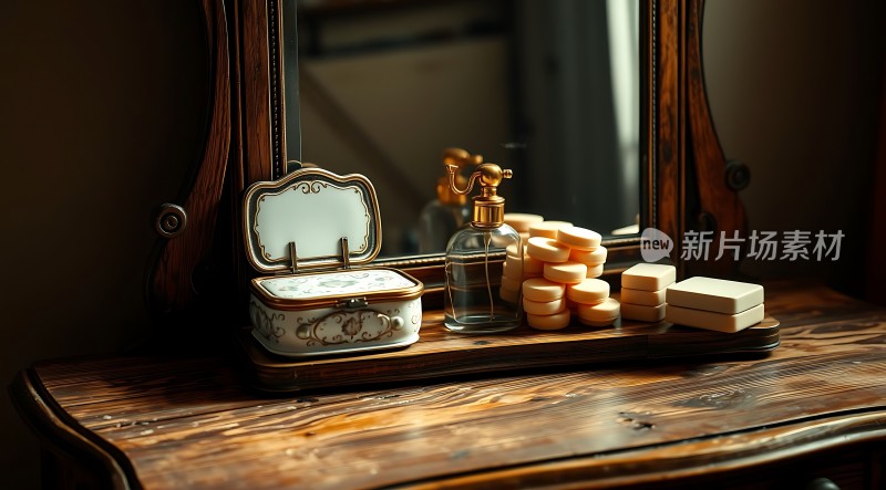 古董梳妆台上的复古化妆品