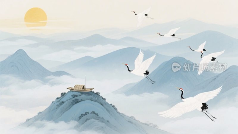 山间飞鹤与落日美景