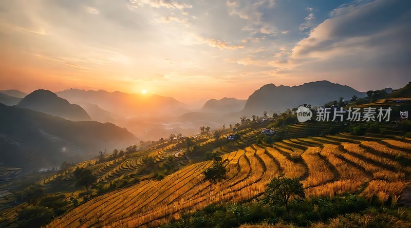 梯田晨曦阳光洒满大地