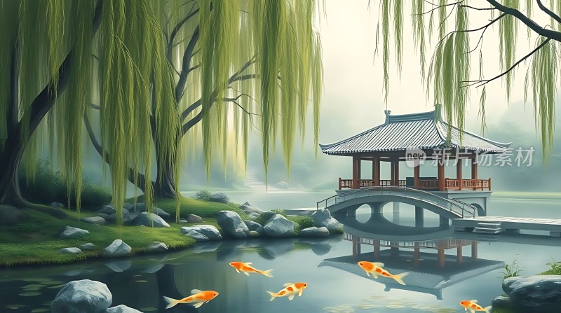 湖畔柳影亭桥映金鲤悠游水波间