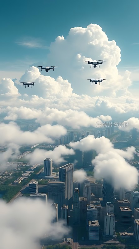 无人机编队飞越城市上空