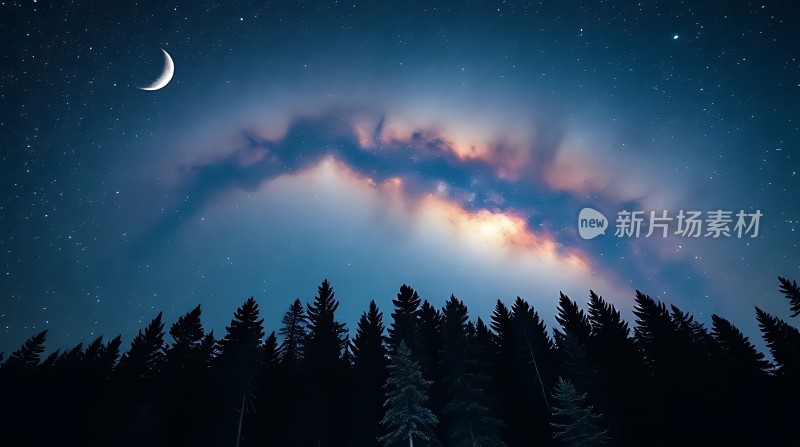 夜空星河新月映照森林