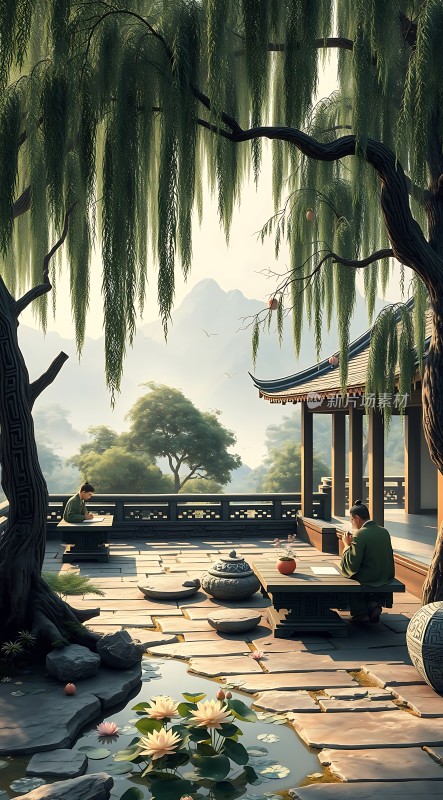 古风庭院读书图