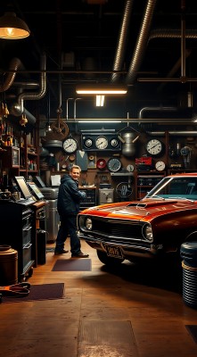 车库里的经典红色汽车与工具 车库里的经典红色汽车与工具