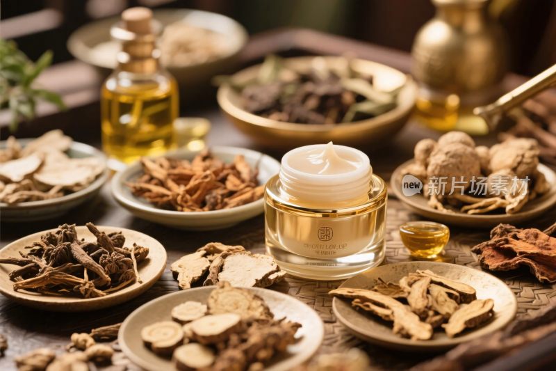 中式草本护肤品与药材展示