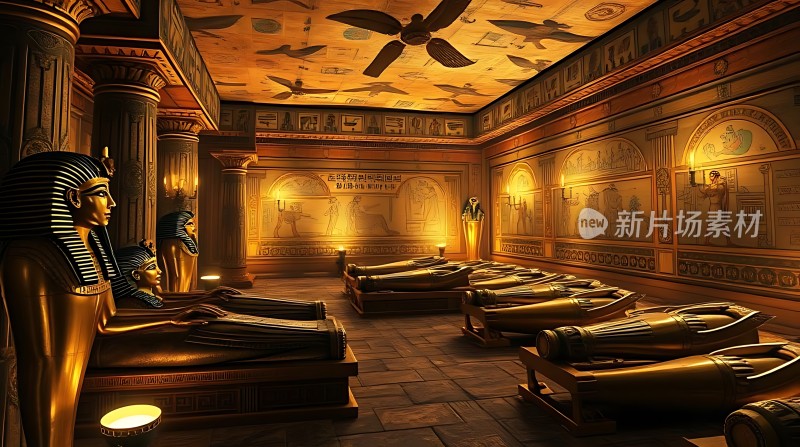 古埃及黄金墓室雕像与棺木