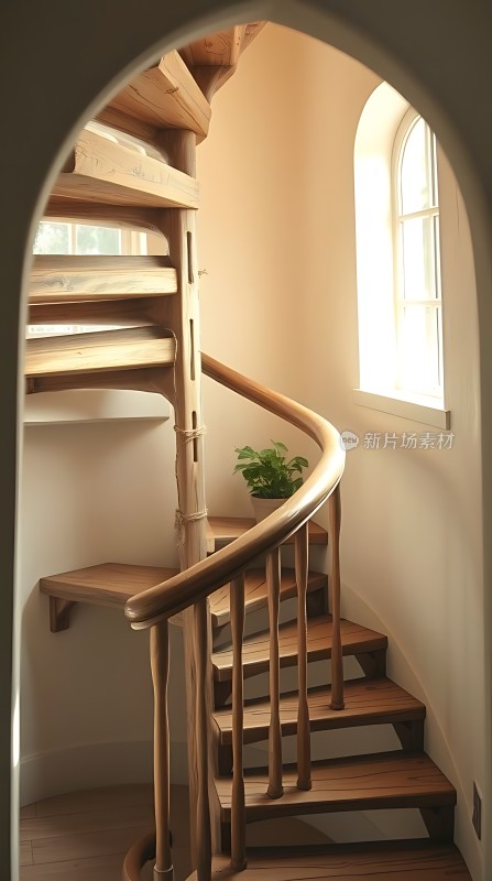 木质螺旋楼梯阳光下的宁静角落